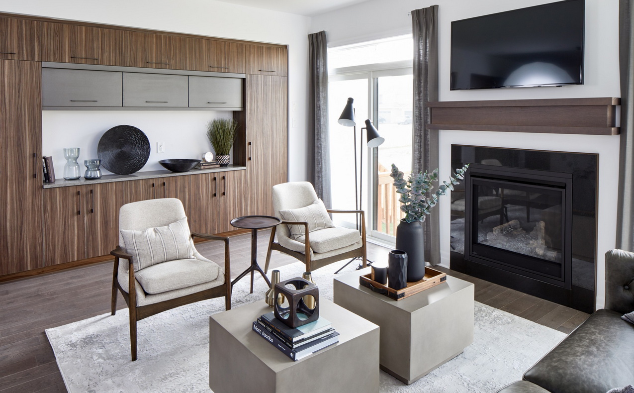 built-ins Richcraft Homes Ottawa living room mid-century modern