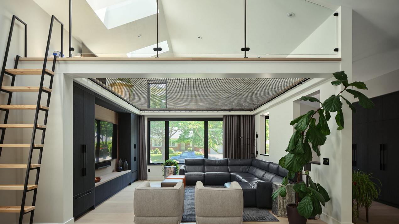 living room and child’s loft with netting for a floor in a bungalow renovation by RND Construction