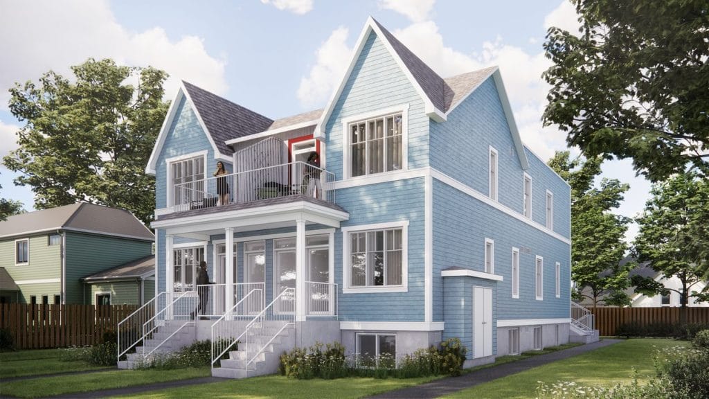 rendering of a multi-unit building with the form of a semi-detached home.