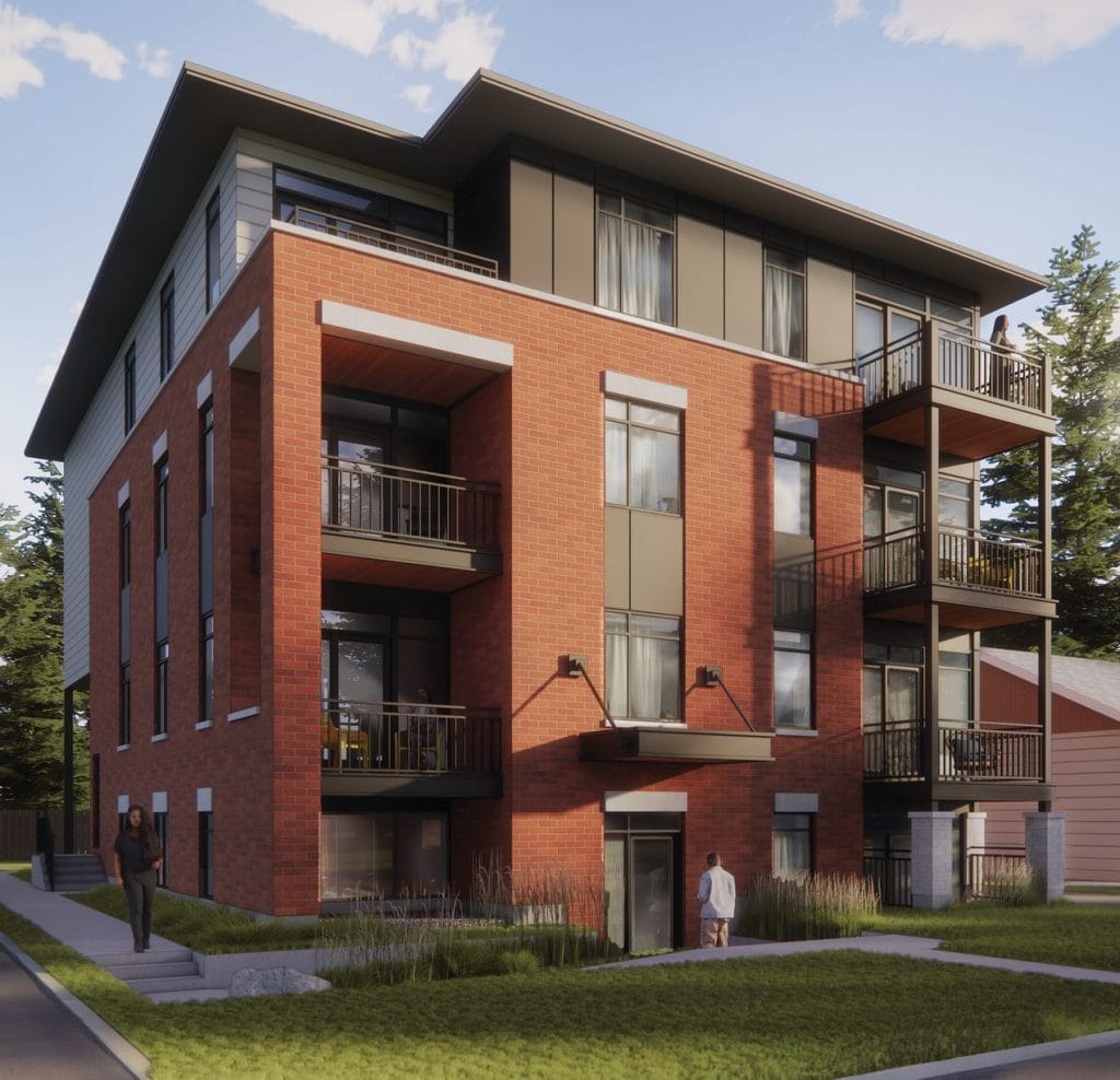 rendering of a three-storey apartment building with 12 units