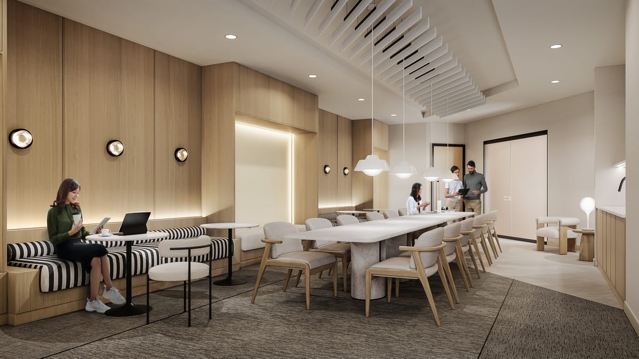 Co-working space with contemporary curved work tables, built-in bench seating and bistro tables