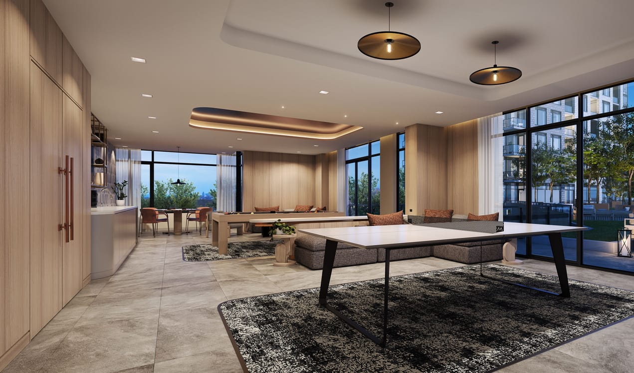 rendering of a games room with ping pong table, shuffleboard and card table