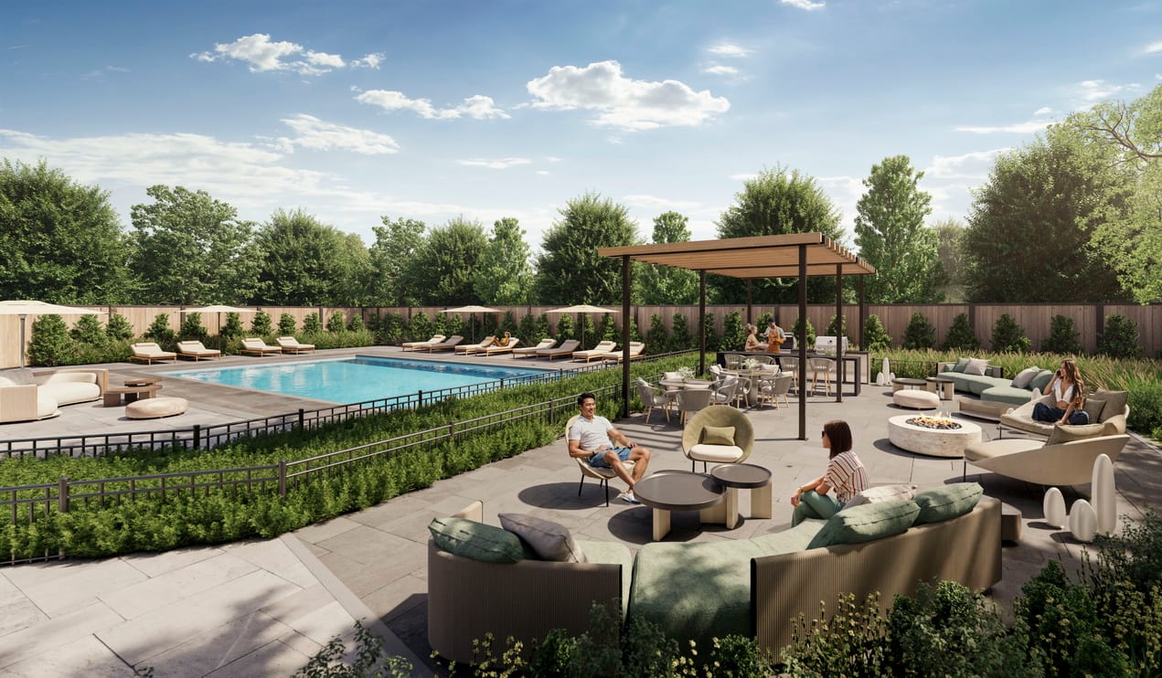 rendering of an outdoor pool and lounge area with pergola, surrounded by greenery