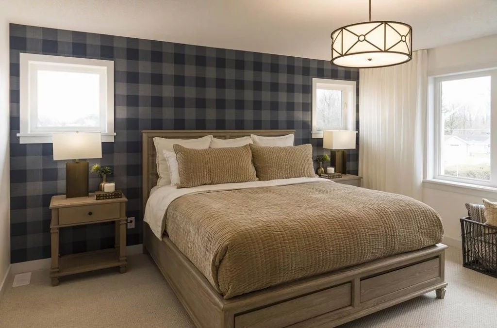 Nichols model home Cardel Homes Creekside Richmond master bedroom plaid wallpaper