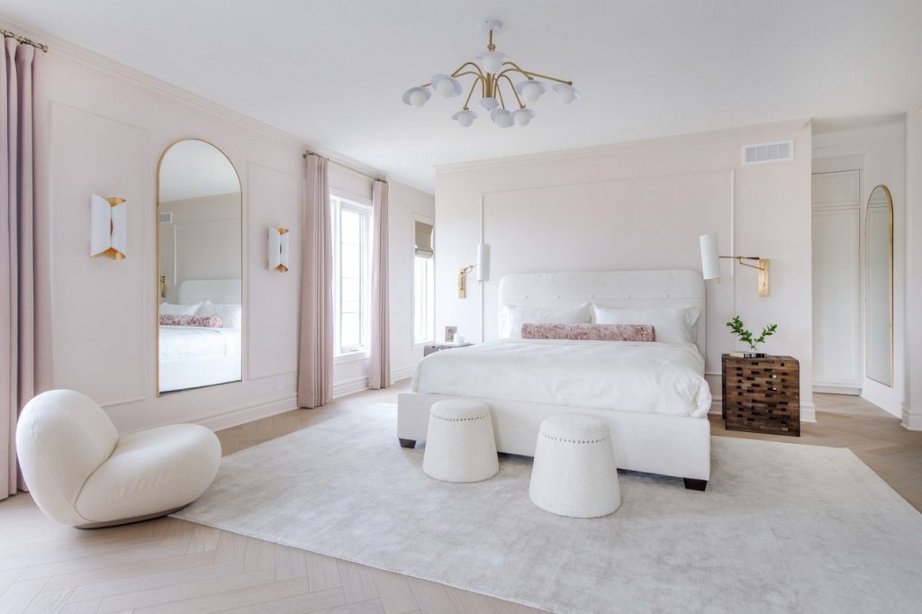 Minto Communities Tanya Collins Design dream home primary bedroom Parisian style blush moulding