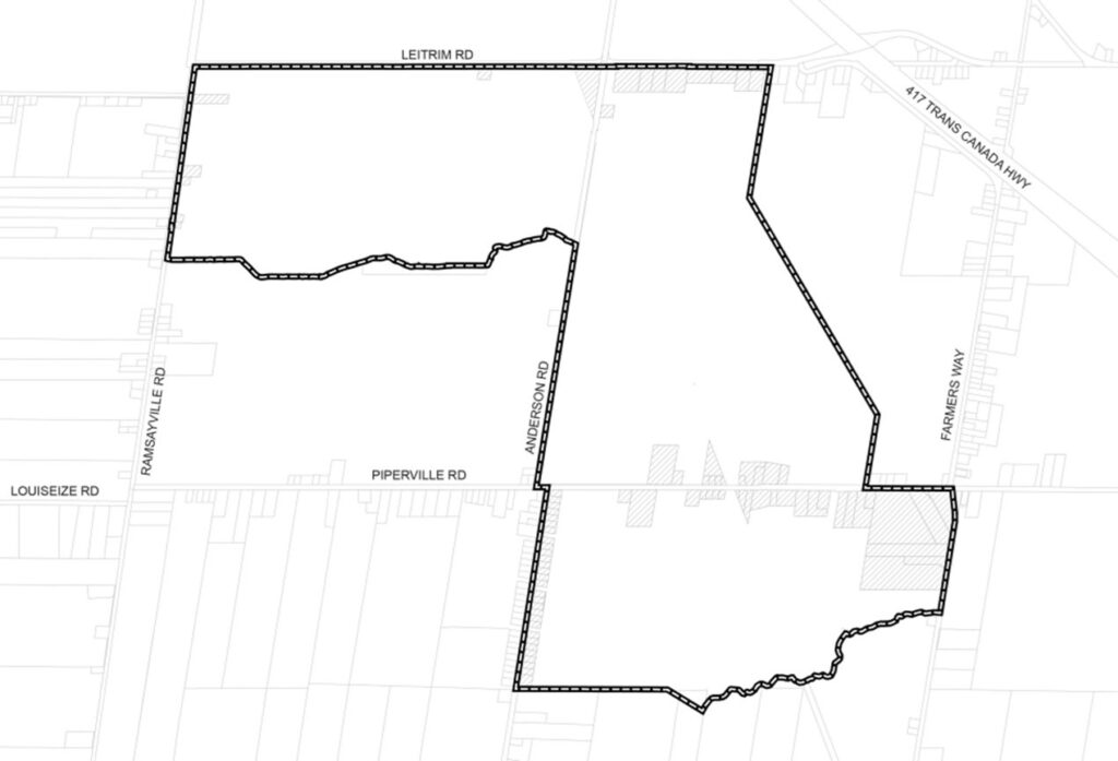 Map showing boundaries of Tewin a proposed community of more than 64,000 people in southeast Ottawa.
