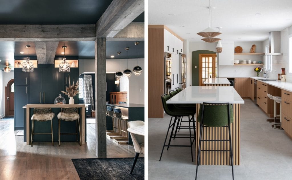 two kitchens, one dark and moody and the other light and bright, show how different styles appeal to the needs of different families