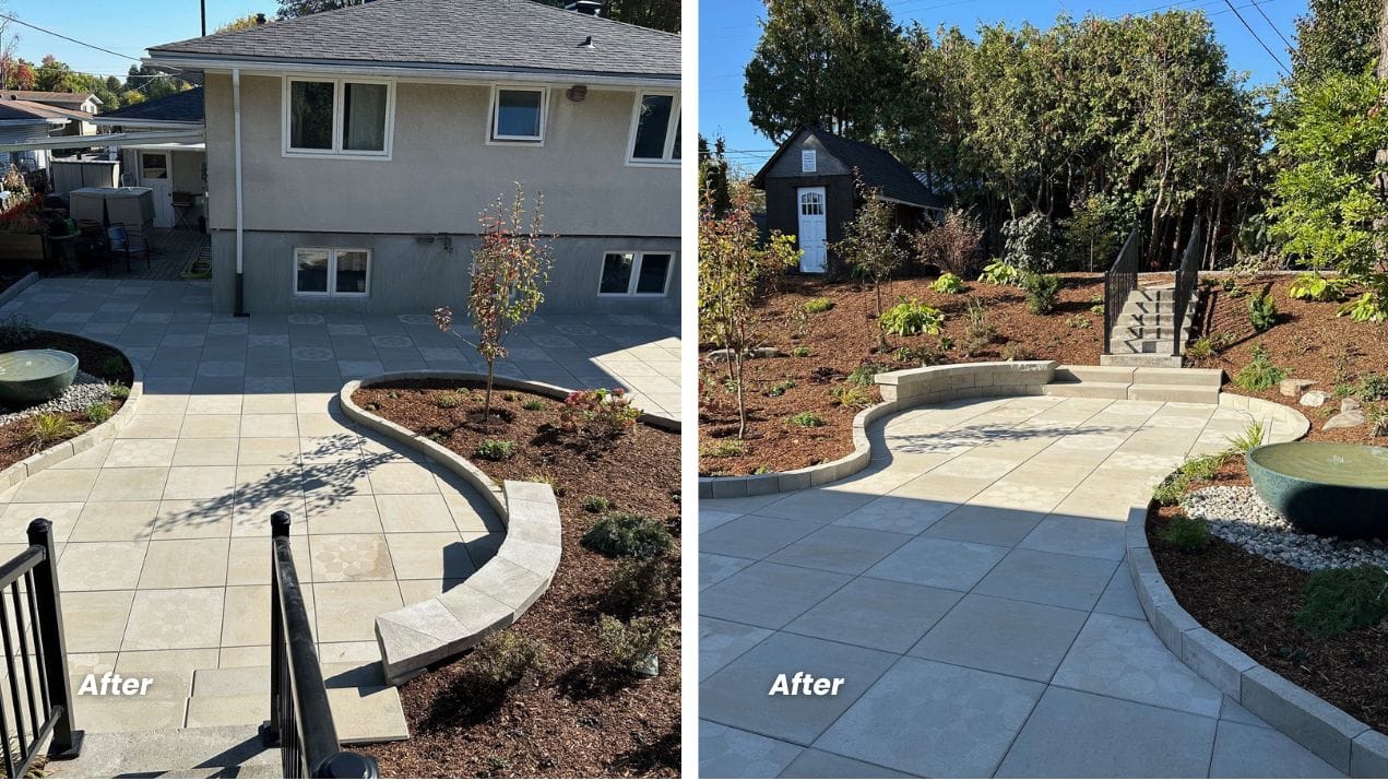 Artistic Landscape Designs before and after hilly backyard garden, curved patio landscaping