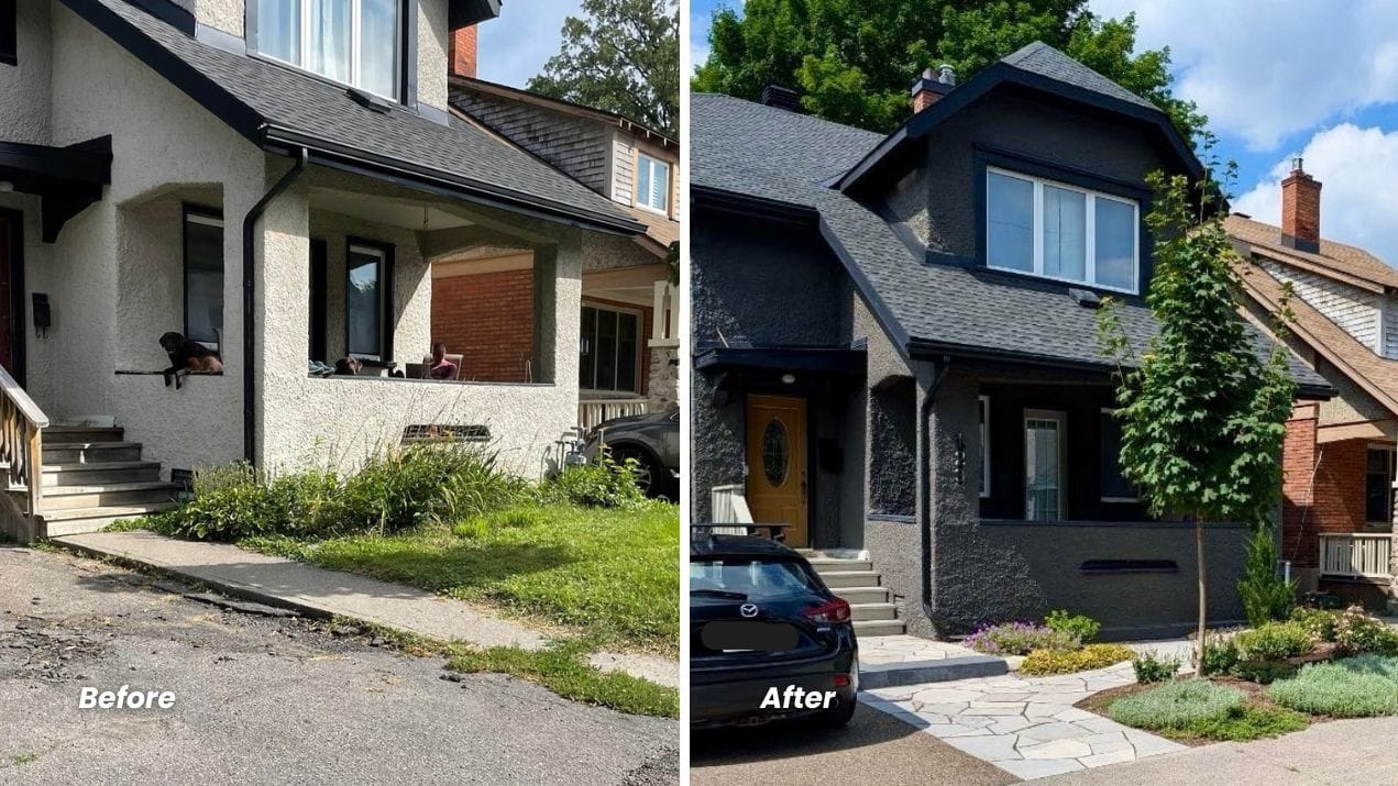 Artistic Landscape Designs before and after front façade curb appeal garden walkway front door
