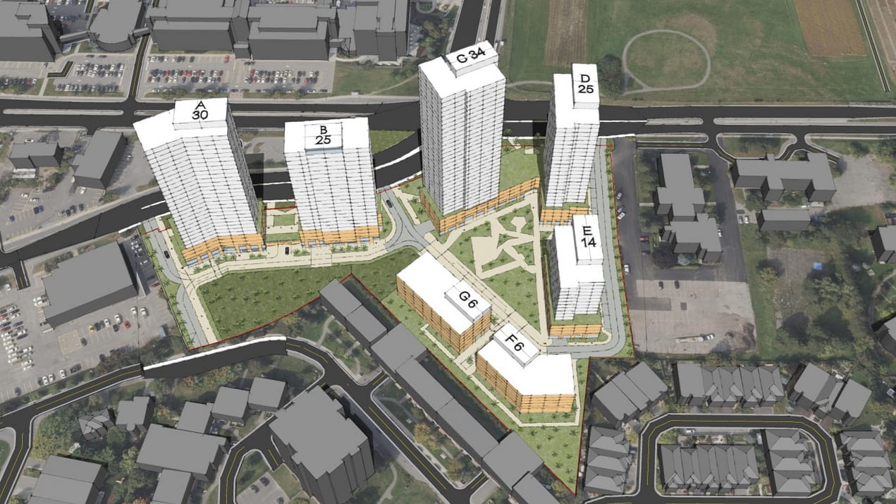 rendering of seven mixed-use apartment buildings on a car dealdership sita at Baseline and Merivale roads in Ottawa