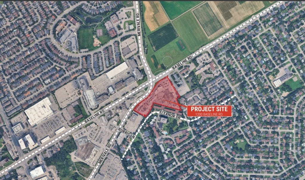 rendering and map showing the location of a development of seven mixed-use apartment buildings at Baseline and Merivale roads