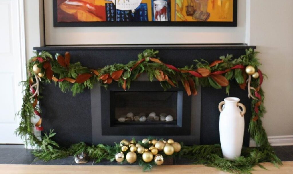 Homes for the Holidays Trillium Floral Designs Christmas decorating contemporary fireplace garland