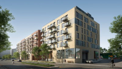 rendering of the exterior of a six-storey rental building at Canevas