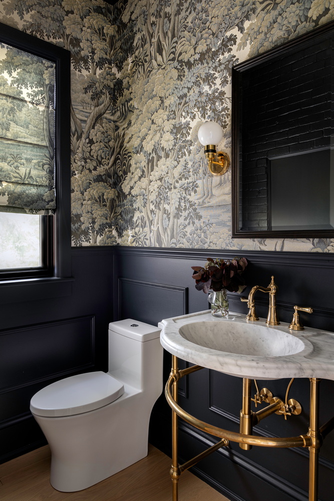 o’keefe Fiorenza ottawa renovation heritage home remodel award-winning powder room wallpaper brass sink legs wall panelling