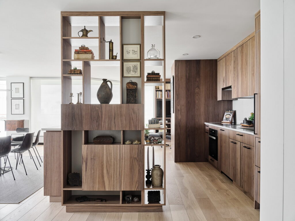 condo renovation Mondrian inspired room divider walnut cabinetry Simmonds Architecture Crossford Construction Cedar Ridge Designs