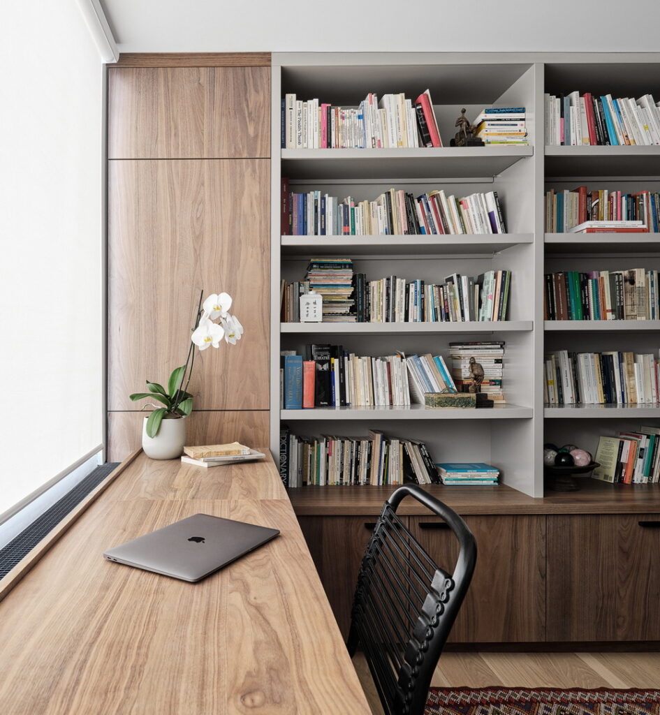 home office built-in shelving walnut cabinets Simmonds Architecture Crossford Construction Cedar Ridge Designs