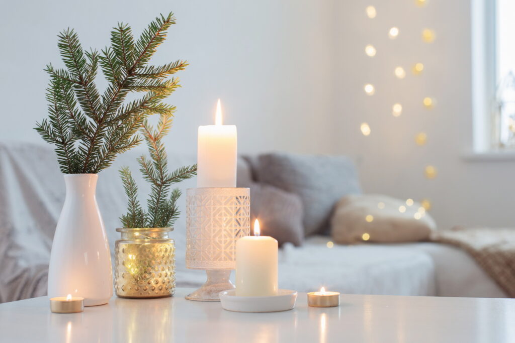 cosy for winter holiday Christmas greenery candles