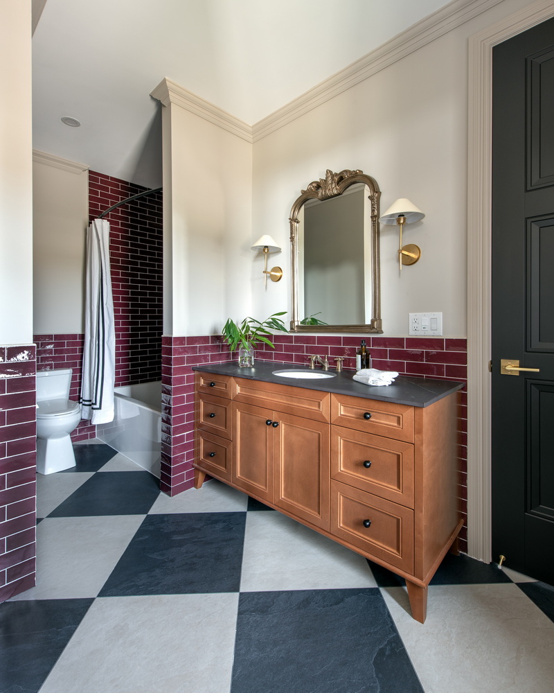 cheo lottery minto checkerboard tile bathroom burgundy tile