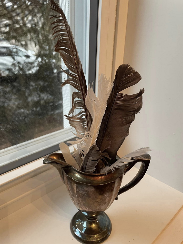 sue pitchforth home decor therapy plus bird feathers pitcher