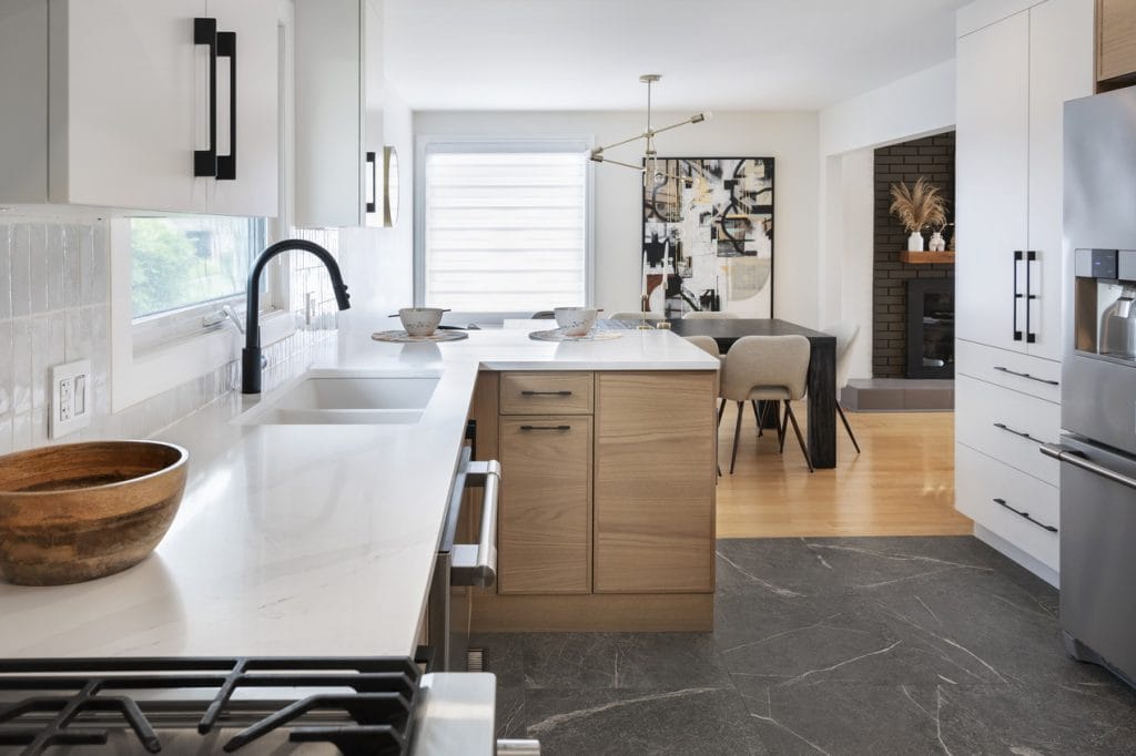 kitchen counter and cabinets showing doors fully covering the cabinet box