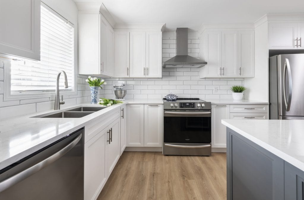 kitchen counters and cabinets showing shake3r style doors that fully cover the cabinet boxes