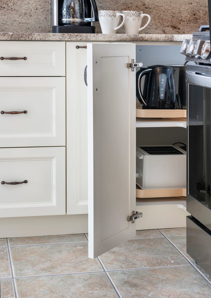 open corner kitchen cupboard showing flexible storage options