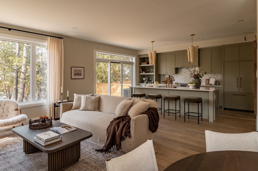 glenview homes ironwood riverside south Ottawa new homes reveli west of main open-concept kitchen living room sage green neutrals textured