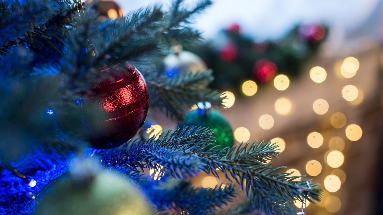 closeup of decorations on a Christmas tree