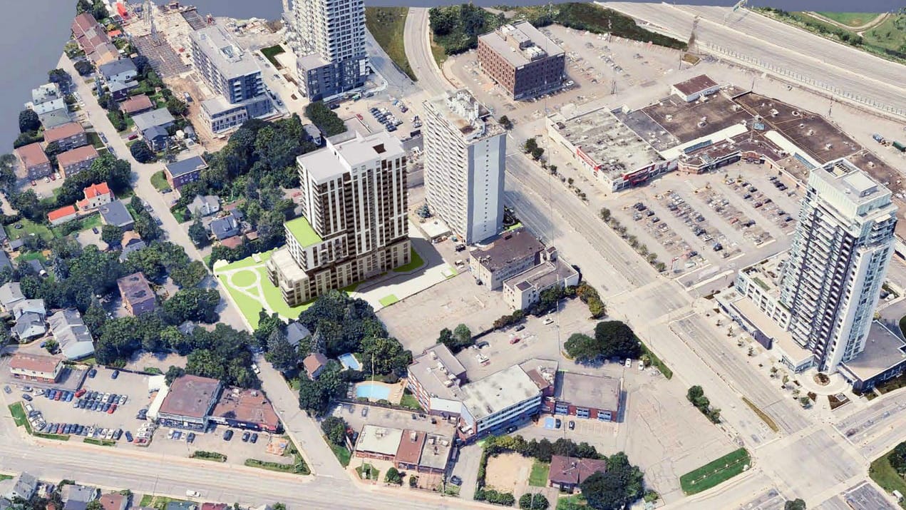 A rendering of a 20-storey rental tower proposed for a current parking lot located behind an existing building on Carling Avenue across from Westgate Shopping Centre