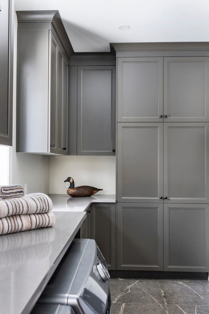 laundry room counter and cabinets in grey