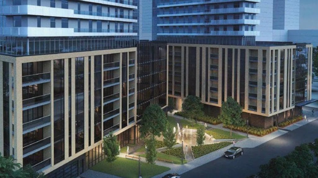 rendering of the podiums of two towers proposed for a Hintonburg property next to the O-Train line on Laurel Street.