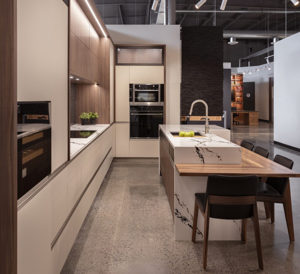 contemporary kitchen display at the Laurysen Kitchens showroom