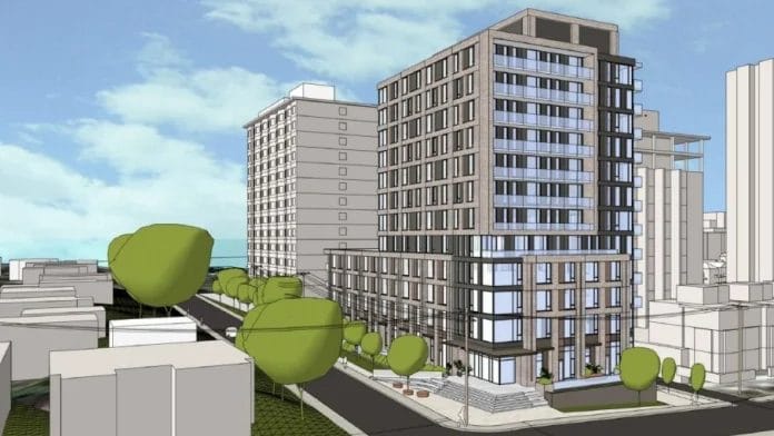 rendering of a proposed 12-storey affordable housing building in Little Italy
