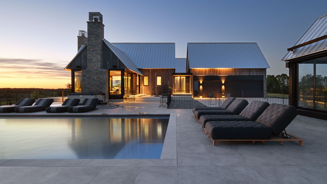 2024 Round 6 all things home people's choice award Ottawa design hobin architecture 2h interior design housing design awards custom home pool backyard at dusk