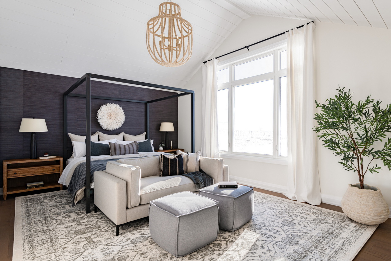 model homes in Provence Ottawa vaulted ceiling shiplap farmhouse primary bedroom