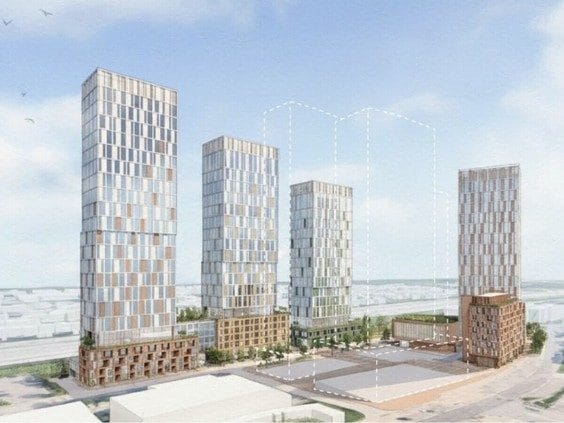 rendering of four high-rise towers and one mid-rise building proposed near the Shenkman Arts Centre