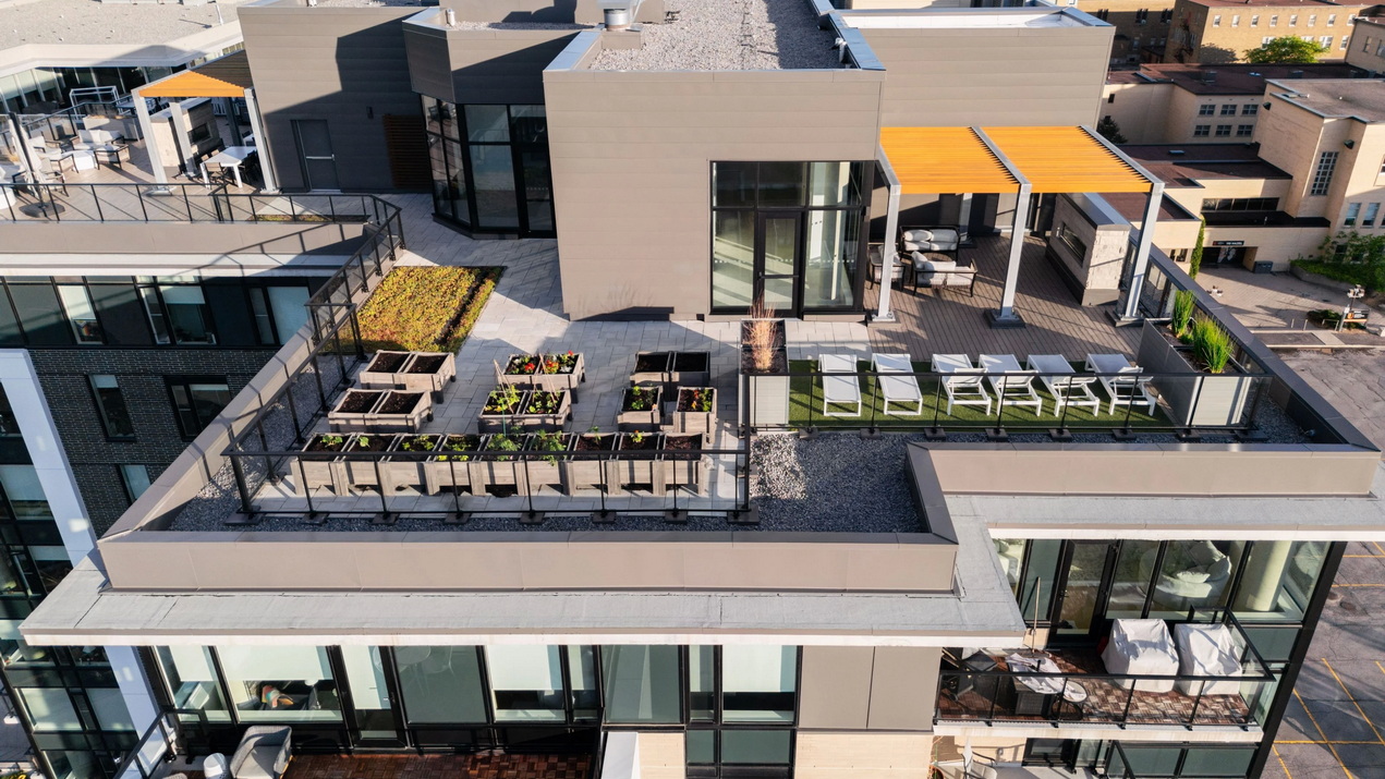 aerial view of the rooftop terrace at the Spencer condo building