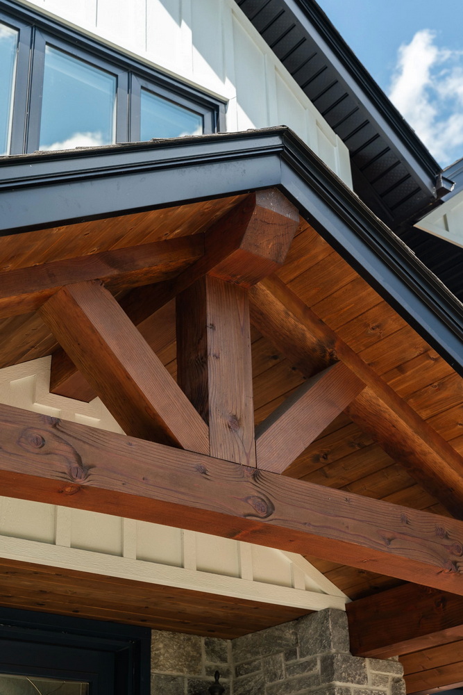closeup of the wooden beam detailing on a portico in an exterior renovation by Lagois Design-Build-Renovate