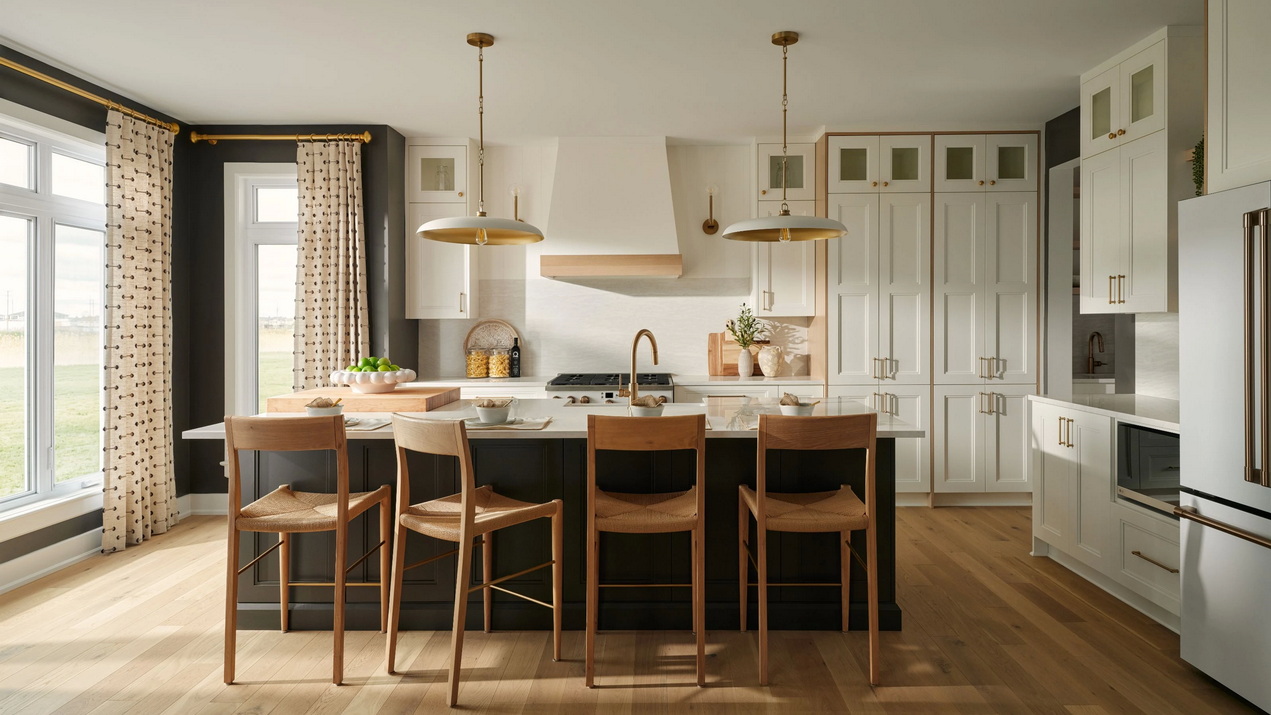 kitchen of the St. James model by Tamarack Homes with white perimeter cabinets and dark island