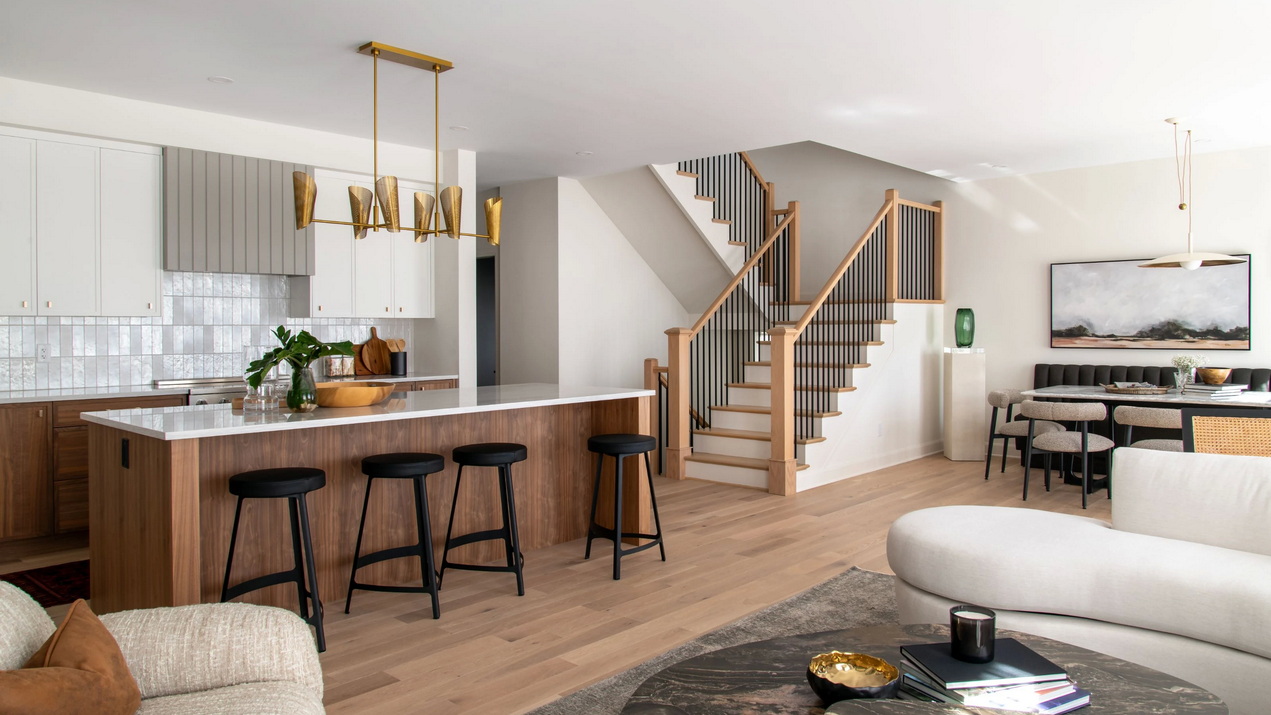 open-concept main floor of the Esmonde model looking from the living room to the stairs