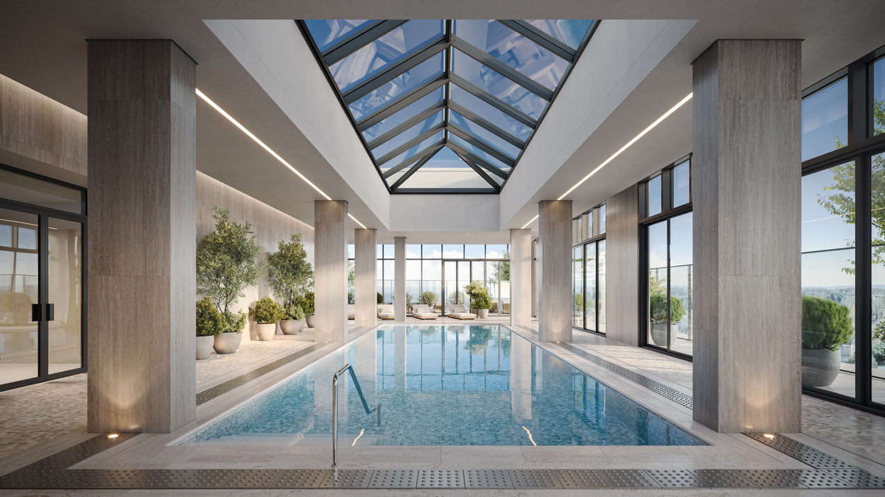 rendering of the indoor rooftop pool at Petrie's Landing Tower 4
