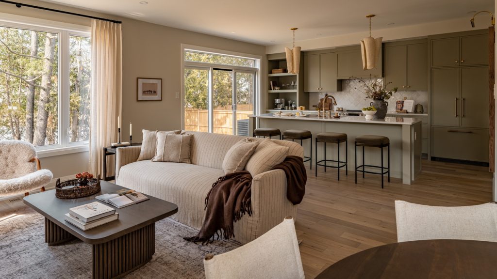 union west model home glenview stittsville ottawa living room kitchen open concept neutrals
