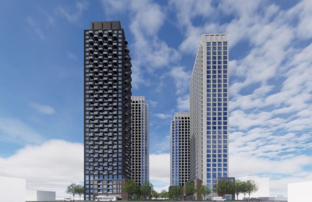 rendering of a proposed four-tower residential development on the site of the Scouts Canada former headquarters