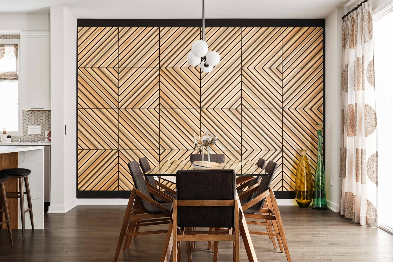 new models at Riverside South hn homes ottawa dining room focal wall wood panels geometric pattern