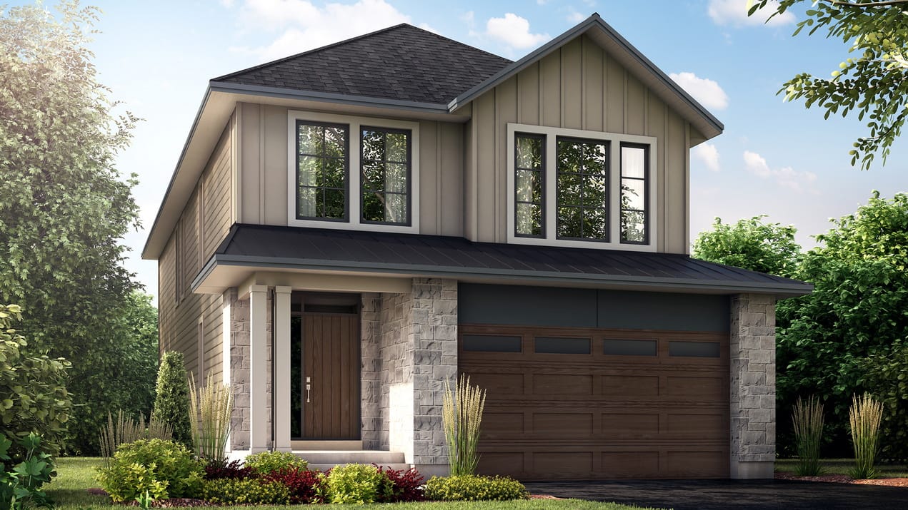 rendering of the Sprucedale, a two-storey single with a farmhouse exterior by Uniform Urban Developments