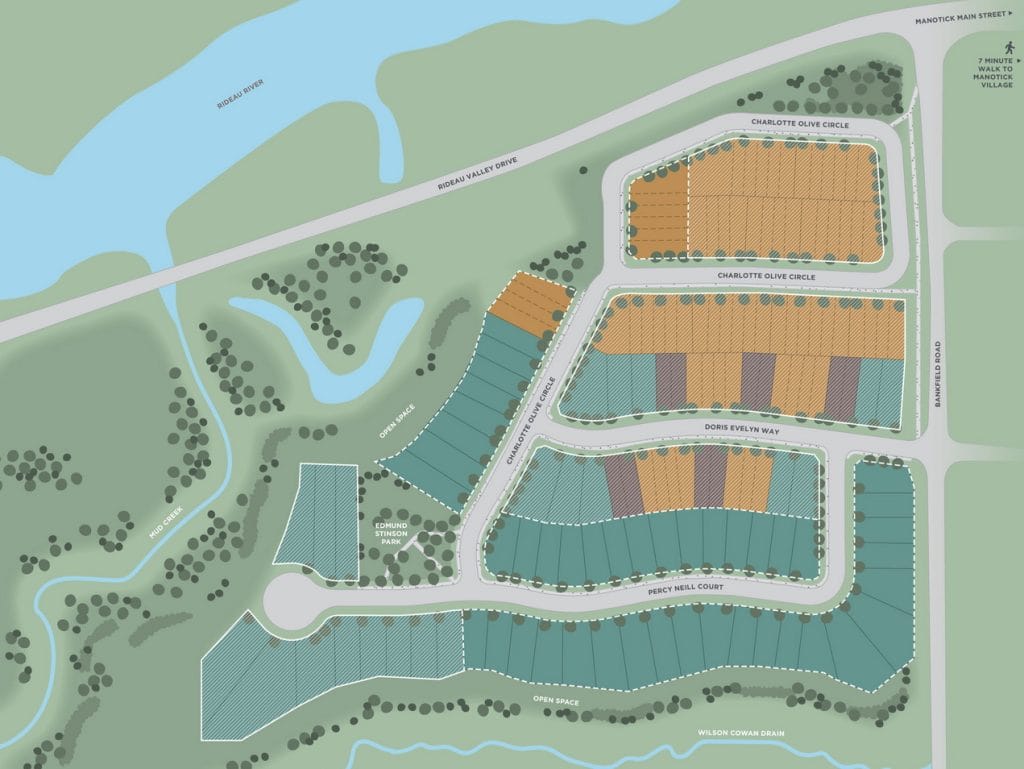 rendering of the site plan for Stinson Place by Uniform Urban Developments, showing its location next to the Rideau River at Rideau Valley Drive and Bankfield Road.
