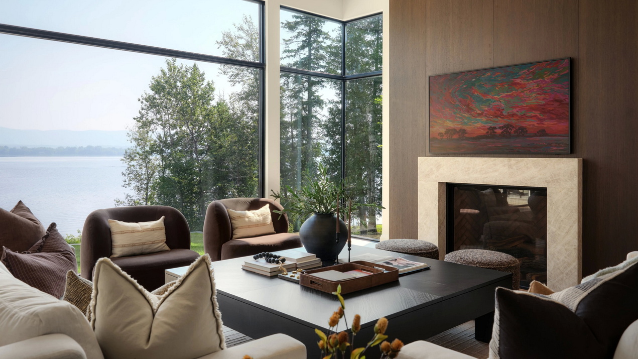 contemporary living room overlooking water by Ardington + Associates, Maple Leaf Custom Homes and Cedar Ridge Designs & Custom Cabinetry