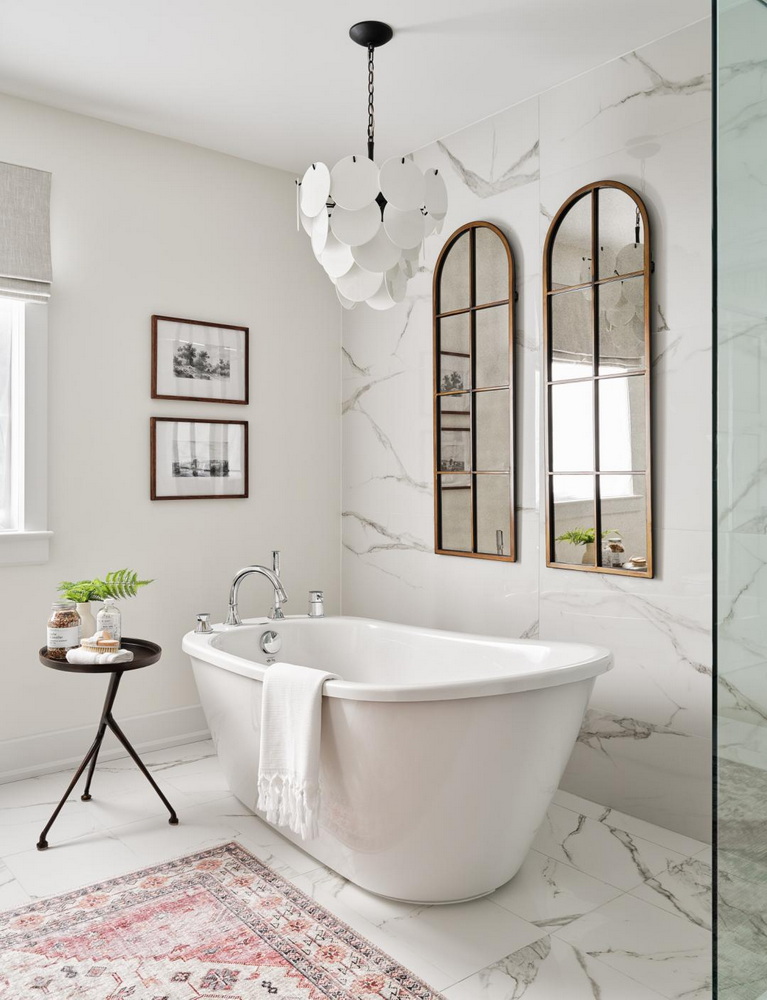 Tamarack Homes Kensington ensuite standalone tub arched mirrors