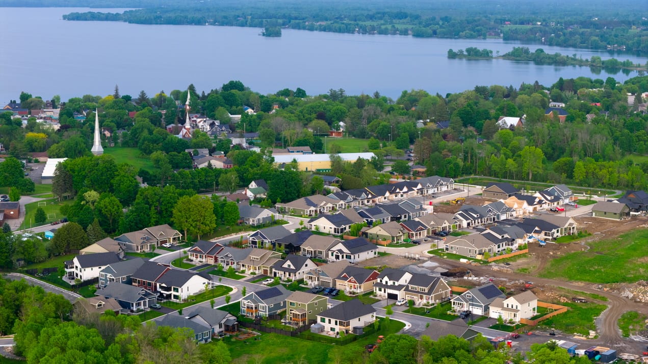 aerial view of Westport Ontario with the homes built so far at Watercolour in the foreground