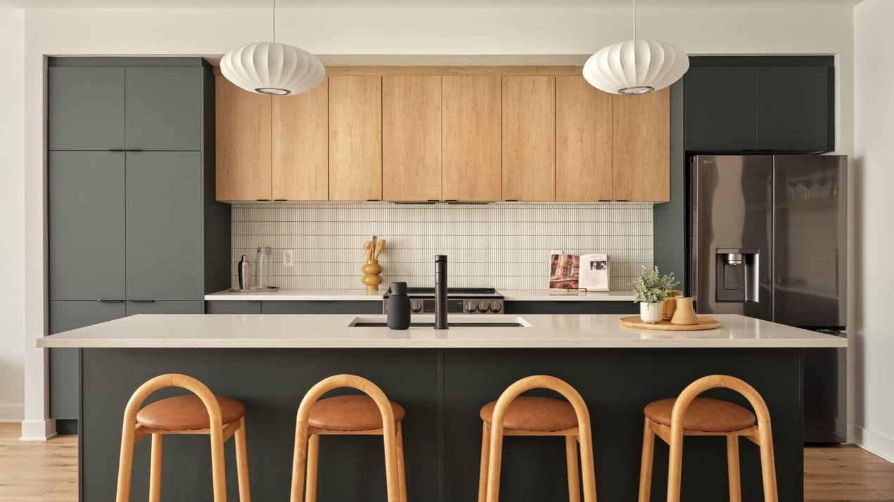 grey and wood contemporary kitchen in the Atlantis model by Urbandale at Kanata Lakes